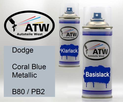 Dodge, Coral Blue Metallic, B80 / PB2: 400ml Sprühdose + 400ml Klarlack - Set, von ATW Autoteile West.
